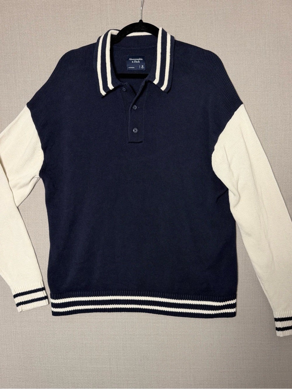 Mens Abercrombie & Fitch Collar Sweater Pullover, Navy Blue And White, M